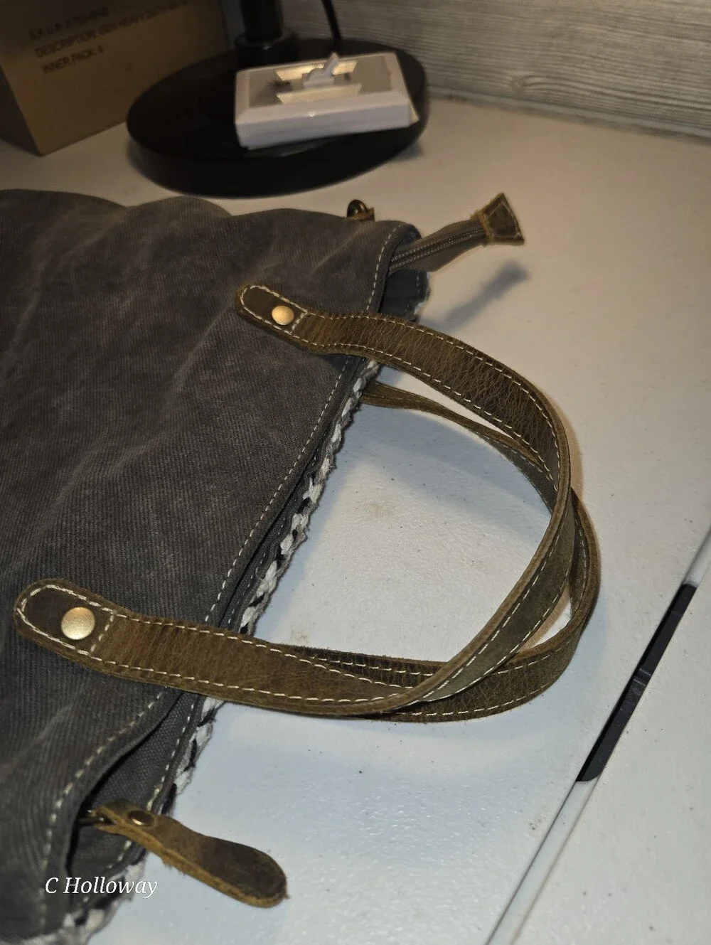 Myra Bag Grey And Cream Cotton Rug Design W/leather Trim Crossbody